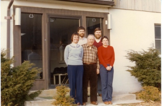 The core of the Urban Wildlife Research Center for many years. From left to right, Louise Dove, Lowell Adams, Dan Leedy, Tom Franklin, and Barbara McFalls. 