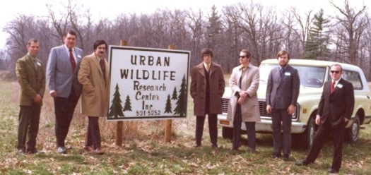 The Urban Wildlife Research Center was established at Glenelg Manor Farm, Ellicott City, Maryland, on 6 November 1973. Shown (L to R) are six early board directors, Al Bassler, Al Geis, Bob Maestro, Joel Abramson, Frank Cockrell, and Walter Beck (far right). Staff biologist Tom Franklin is second from right.